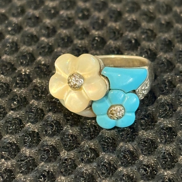 Artisan Sterling Silver Mother-of-Pearl & Turquoise Flower Statement Ring Size 8 - Picture 11 of 13